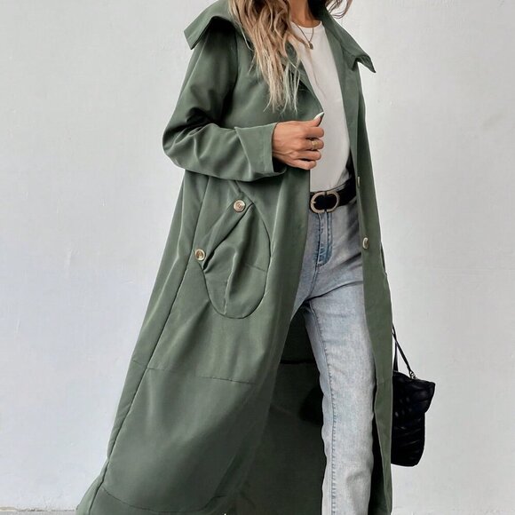 Army Green Casual Women's Solid Color Double Pocket Long Jacket - Picture 1 of 5